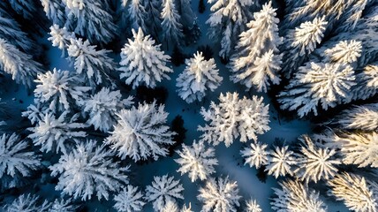 An aerial view of a winter forest with snow covering the entire area.