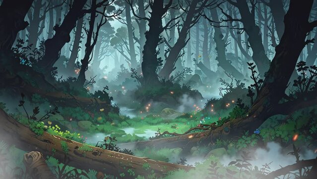 Anime video 4k a dark and misty forest with a path leading through it. There is a river to the left and large mushrooms on the ground.