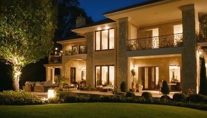 Beautiful modern farmhouse style luxury home exterior at twilight