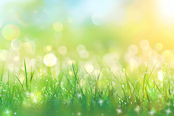 Obraz premium A vibrant field of green grass with bokeh lights, creating a soft and dreamy atmosphere. The background fades into a warm yellow and blue sky.