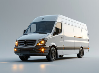 A white delivery van parked in a dimly lit room.