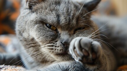A charming grey feline grooming itself by licking its paw