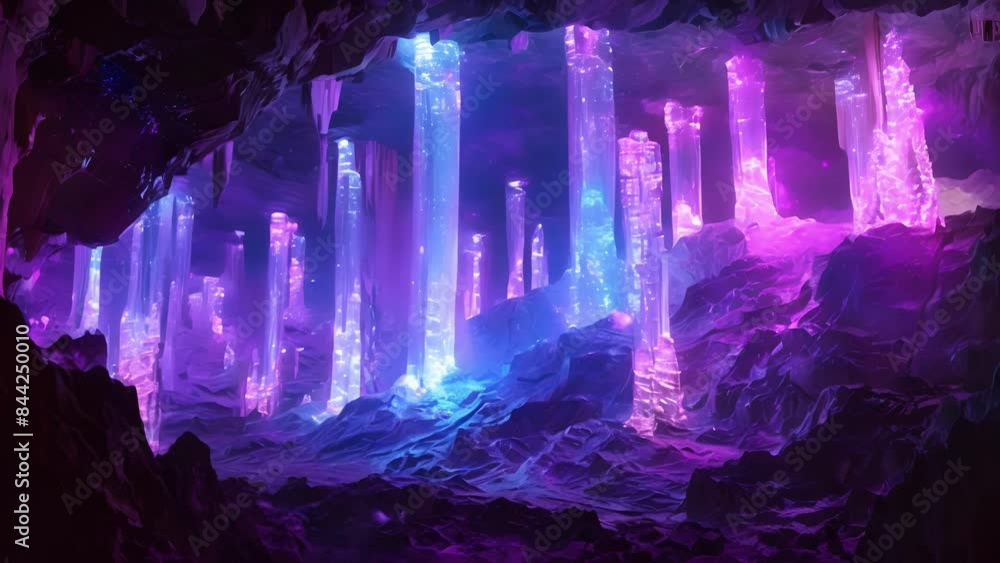 Poster a towering cave system adorned with shimmering pillars of light made entirely of minerals that emit 