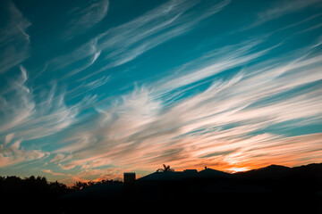 Sunset over the town, unban evening view.