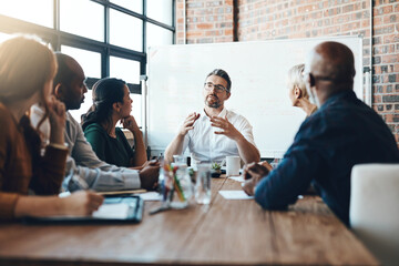 Man, manager and meeting or presentation in boardroom with coworkers for corporate business...