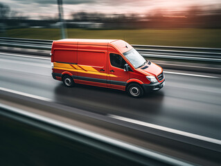 Obraz premium A red van drives down a city street at night.