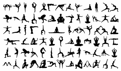 Women silhouettes. Collection of yoga poses. Asana set, young woman doing yoga & fitness exercises different poses Healthy lifestyle. for t-shirt graphics, icons, logo, web, posters, print,