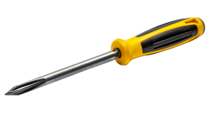 A high-quality Phillips screwdriver with a yellow and black handle, isolated white background, transparent background.