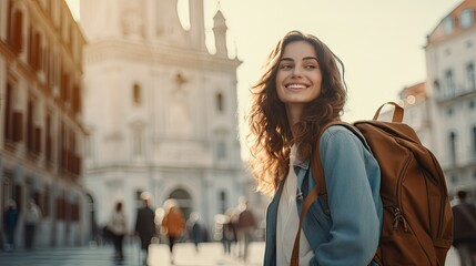 Photograph of a solo female traveler exploring a new city, smiling and enjoying the sights.