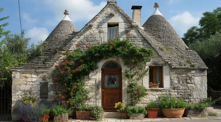 a beautiful house in the shape of a trulli, with flowers. generative AI