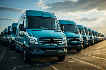A fleet of vans parked neatly on a city street.