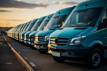 A fleet of vans parked neatly on a city street.