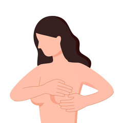 Breast self exam concept vector illustration on white background. Young woman checking breast herself in flat design.