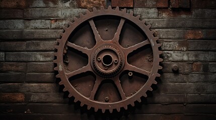 Obraz premium Photograph of a vintage gear wheel with a weathered texture, representing the enduring power of business and industry