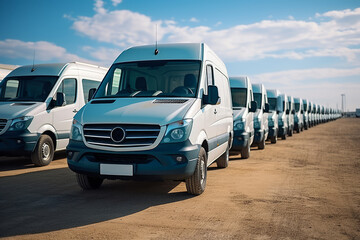 A fleet of vans parked neatly on a city street.