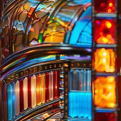 Close-up of a gleaming classic jukebox, highlighting its vibrant glass panels and intricate chrome details, evoking the golden age of rock 'n' roll