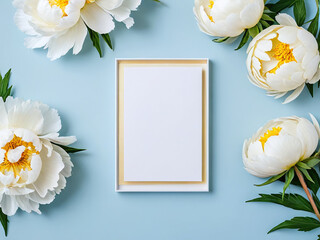 A blank white paper card is set against a frame of white and yellow peony flowers
