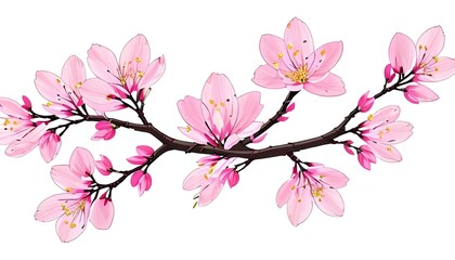 Branches of a cherry tree with pink flowers in bloom on a white background. Generative AI illustration.