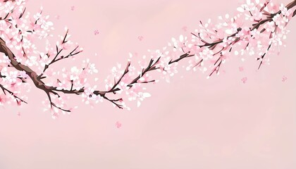 Branches of a cherry tree with pink flowers in bloom on a white background. Generative AI illustration.