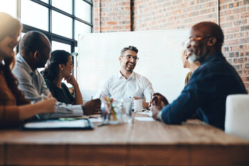 Man, manager and business meeting in boardroom for financial growth with laughing at table. People,...