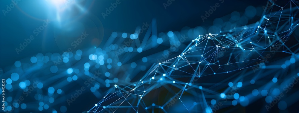 Poster abstract background with blue digital connections and nodes forming a network structure on a dark ba