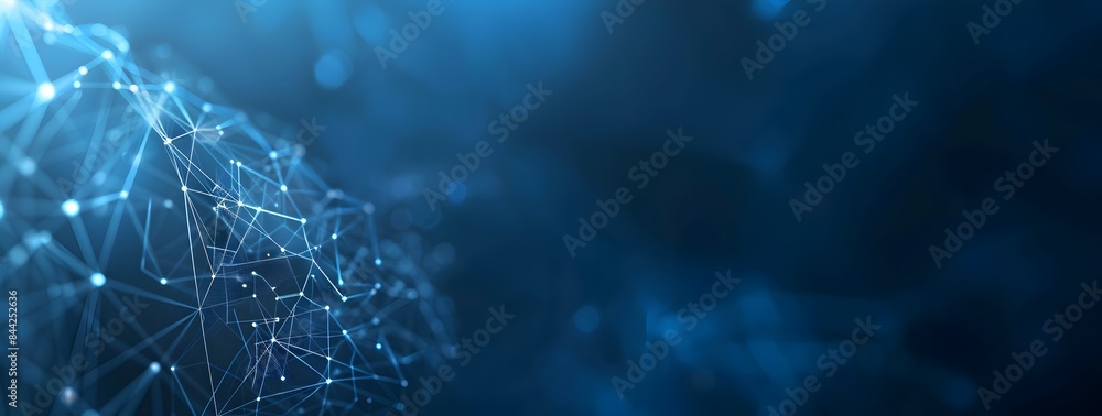 Poster abstract blue digital network background with interconnected nodes and connections, forming an intri