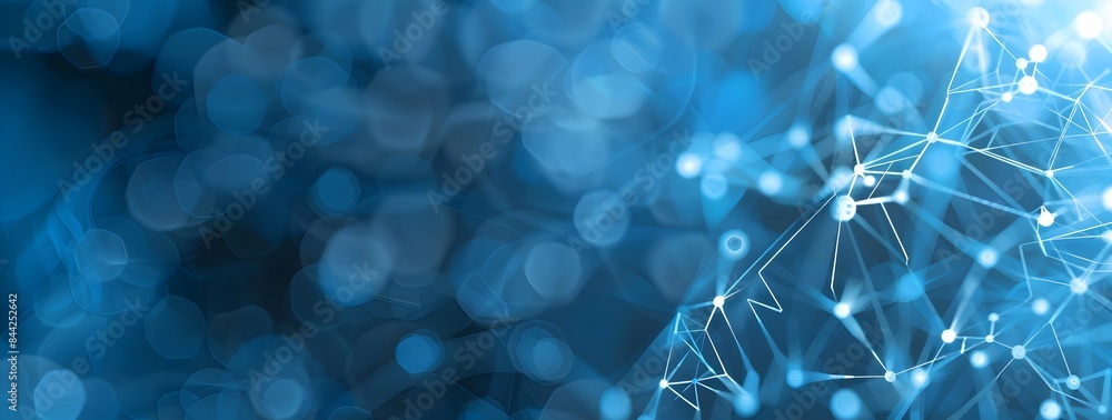 Poster abstract blue digital network background with interconnected nodes and connections, forming an intri