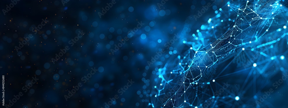 Poster abstract blue digital network background with interconnected nodes and connections, forming an intri