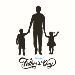 Happy Father's Day concept, father walking with his children. Vector, illustration. Single parent.