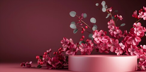 Luxury mature graceful deep red product display podium on red pink flowers and eucalyptus leaves backgrounds, cosmetic, feminine, elegant, skin care, jewelry, card curation mock up backgrounds
