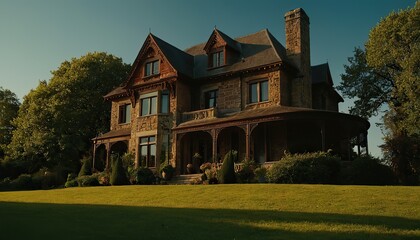 Real Estate Exterior Front House on a sunny day. Big custom made luxury house with nicely landscaped front yard and driveway to garage in suburbs.