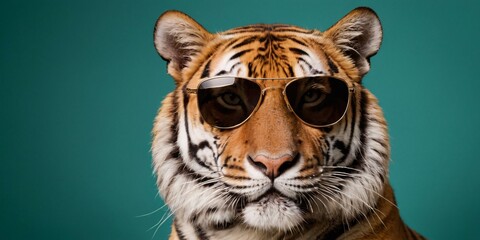 Tiger with Sunglasses on a Solid Background, Featuring Ample Copy Space

