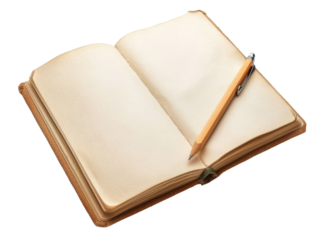 Open blank notebook with a pencil on top, ready for writing, sketching, or journaling. isolated white background, transparent background.