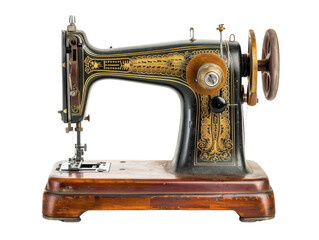 A vintage, ornate sewing machine with detailed craftsmanship, golden embellishments, and a wooden base. isolated white background, transparent background.