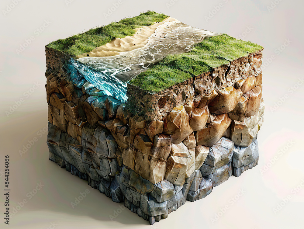 Aufkleber a 3d render of a cross-section of land with various layers and a grassy top.