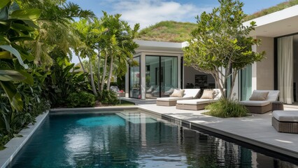 Fototapeta premium Modern Backyard Oasis with Luxurious Pool and Tropical Garden