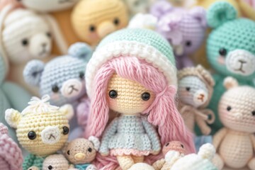 Fototapeta premium Adorable Crocheted Amigurumi Girl and Animals in Soft Lighting