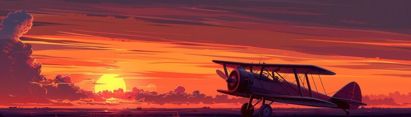 Craft a side view of a vintage biplane soaring through a sunset sky