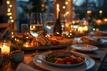 A photo of a Christmas dinner table with beautifully arranged food, modern tableware, and warm lighting, showcasing a stylish and elegant holiday feast