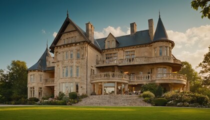 Beautiful modern farmhouse style luxury home exterior at twilight.