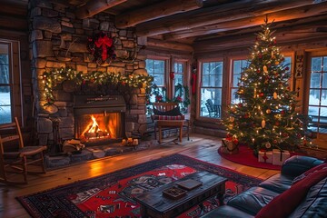 A cozy living room with a crackling fireplace, a decorated Christmas tree, warm lighting, and a family gathered around, enjoying a festive evening