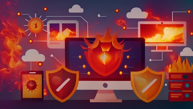 A virtual warzone where firewalls and antivirus software battle against malicious malware.. 2d flat cartoon