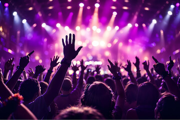 Silhouette of a crowd dancing and cheering at a music festival, party night scene with vibrant colors with purple lighting