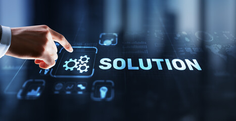 Solution. Businessman pressing on touch screen interface inscription Solutions. Business concept. Internet concept