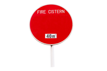 Text on circle sign FIRE CISTERN 40m. Sign or symbol  post Emergency fire extinguisher red aluminum on steel beam on side of road  isolated on cut out PNG or transparent background