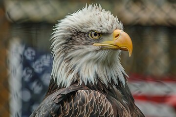 Fototapeta premium Bald eagle head against the backdrop of the American flag. Symbol of national identity and patriotism