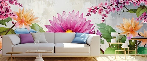 Modern minimalist living room interior background, living room with sofa, wall mockup
with flower painting, 3D rendering