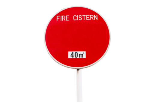 Text on circle sign FIRE CISTERN 40m. Sign or symbol  post Emergency fire extinguisher red aluminum on steel beam on side of road  isolated on cut out PNG or transparent background