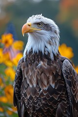 Naklejka premium Patriotic eagle head against waving US flag backdrop, symbolizing American pride