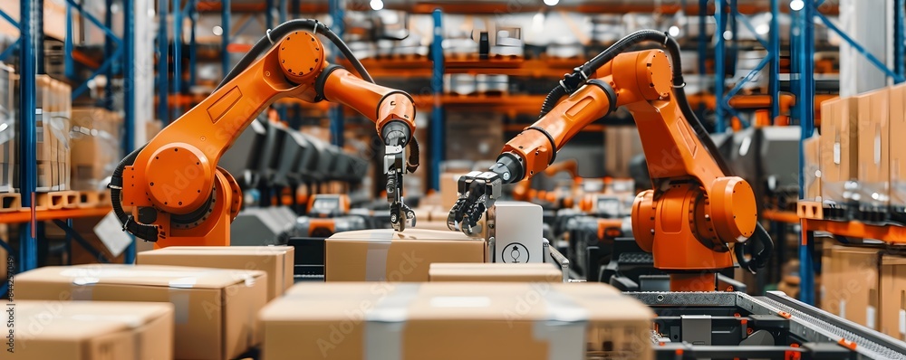 Poster intelligent robots and automated packaging in a modern warehouse